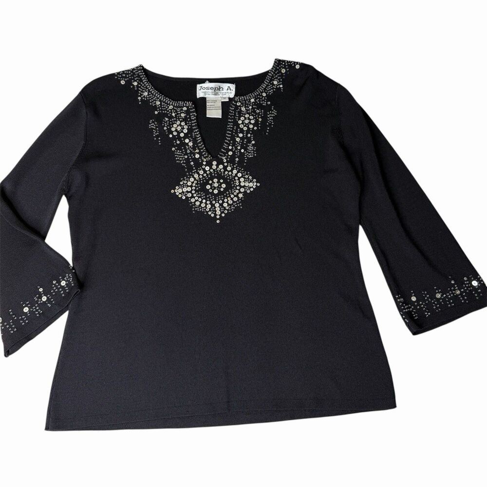 Joseph A Black Beaded Embellished Knit Top 3/4 Sleeve Womens M Glam